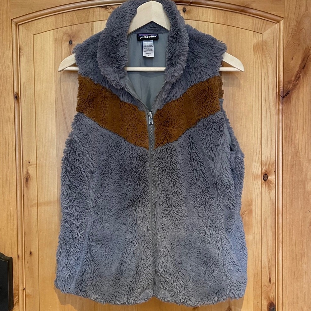 Patagonia Pelage Teddy Fleece Vest Gray Brown Gorpcore Women L Full Zip